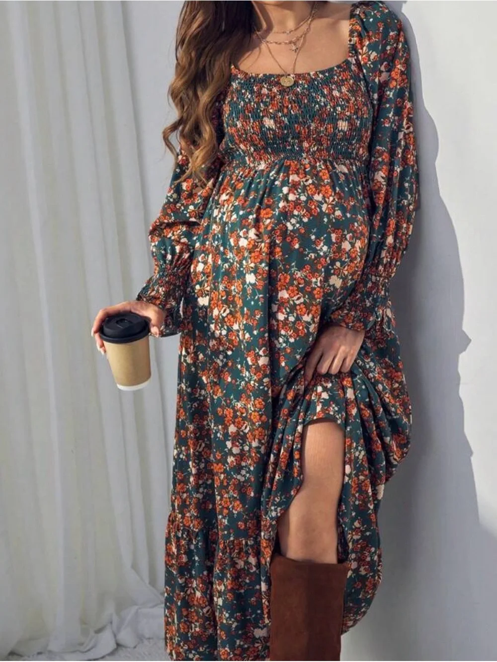 Floral Smocked Maternity Maxi Dress in Teal and Rust - Picture 1 of 4